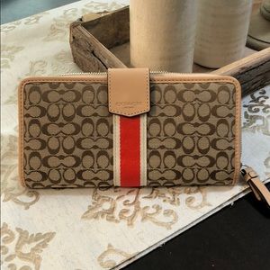 Coach signature stripe accordion zip wallet